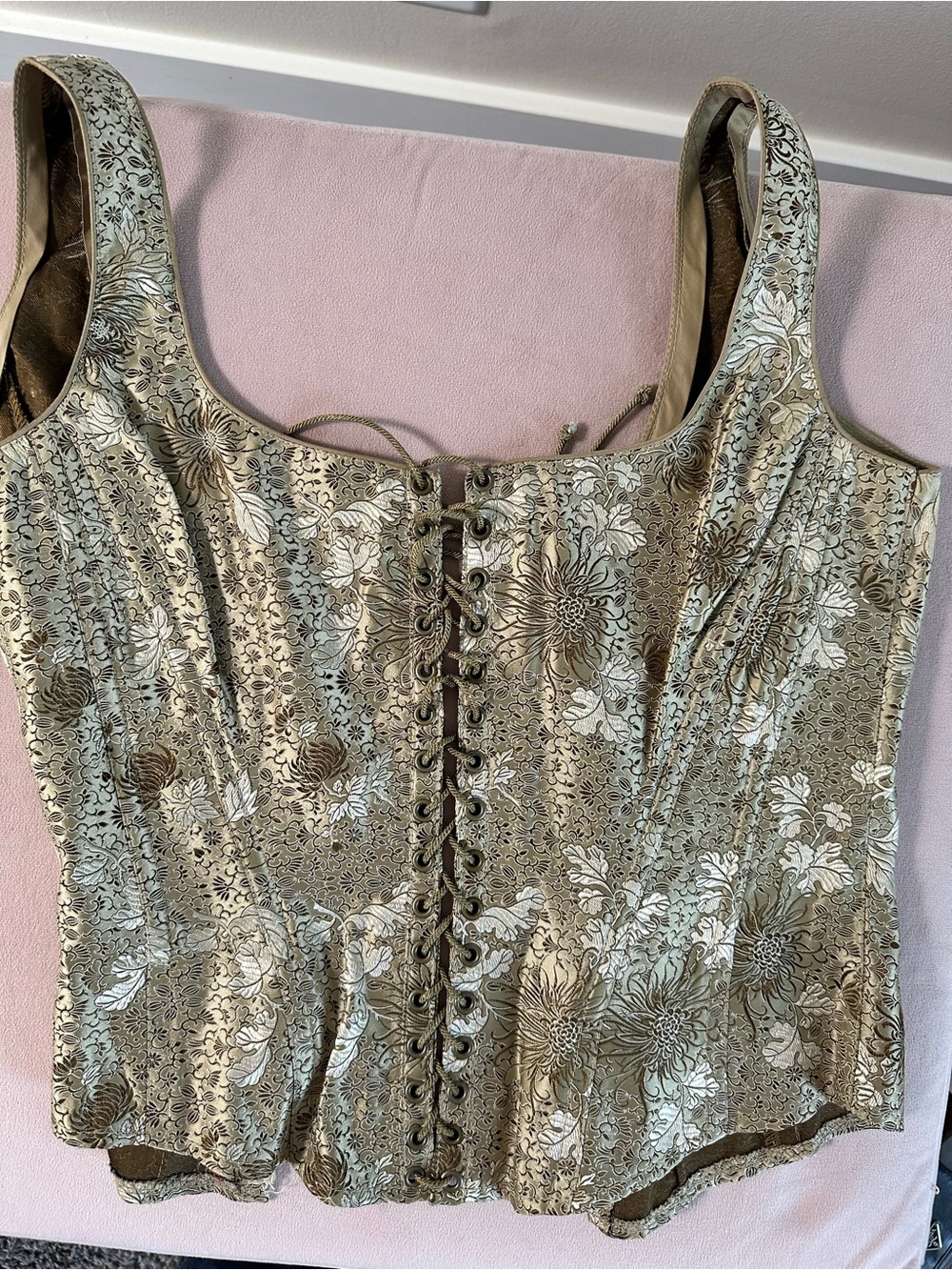 Floral Brocade Lace-Up Crop Top in Gold